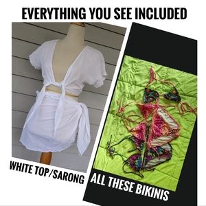 White Gauze Top & Sarong Set & 2.5 Super Colorful String Bikinis